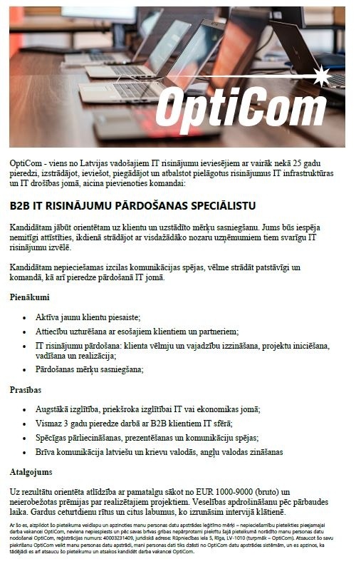 OptiCom, SIA B2B IT risinājumu pārdošanas speciālists/-e