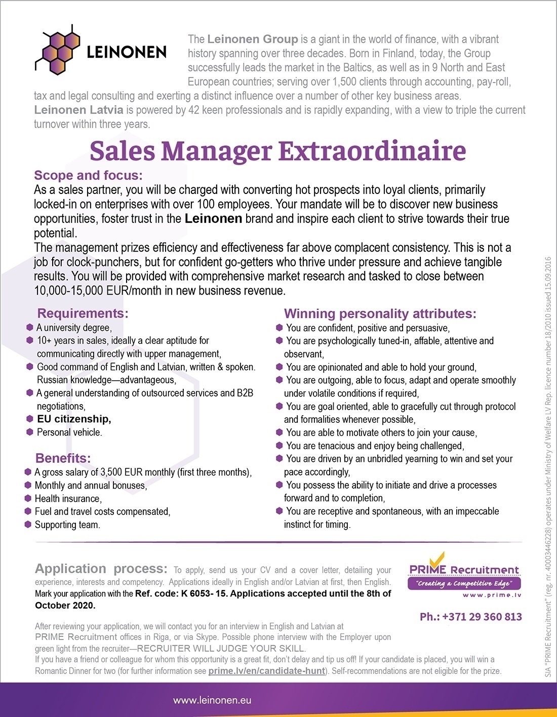 Prime Recruitment, SIA Sales Manager Extraordinaire