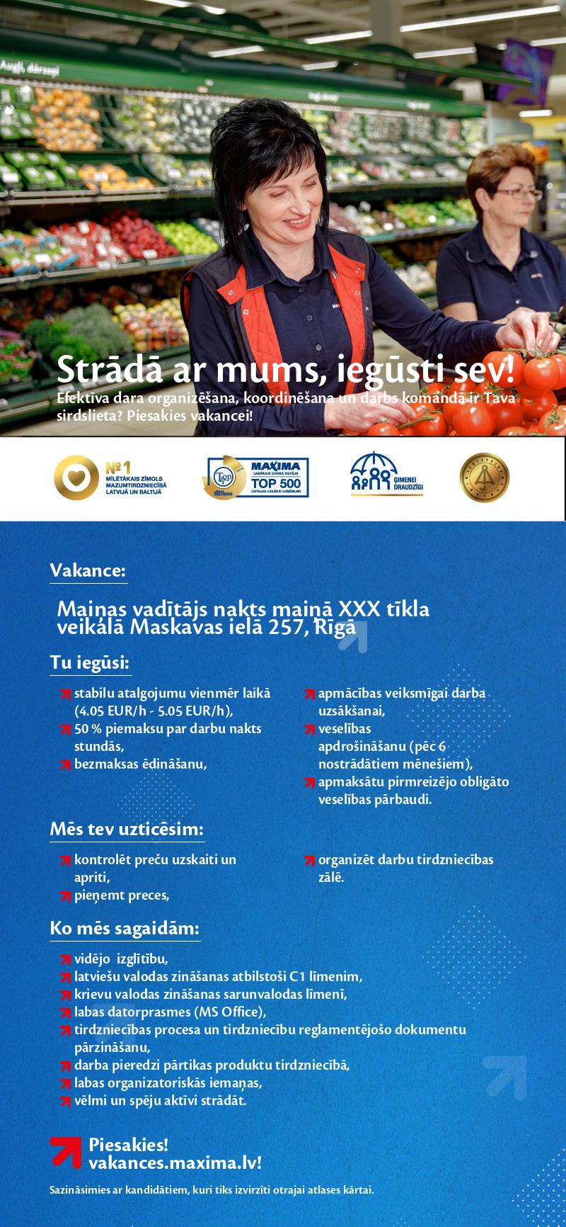 MAXIMA Latvija Maiņas vadītājs/-a nakts maiņā