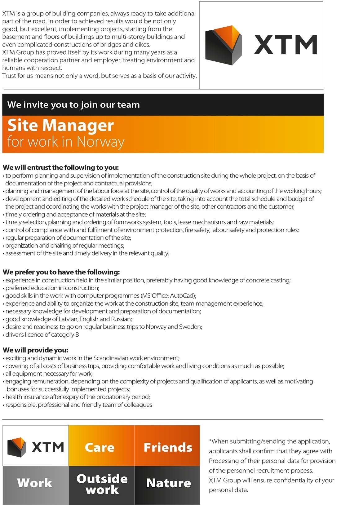 XTM, SIA Site Manager for work in Norway