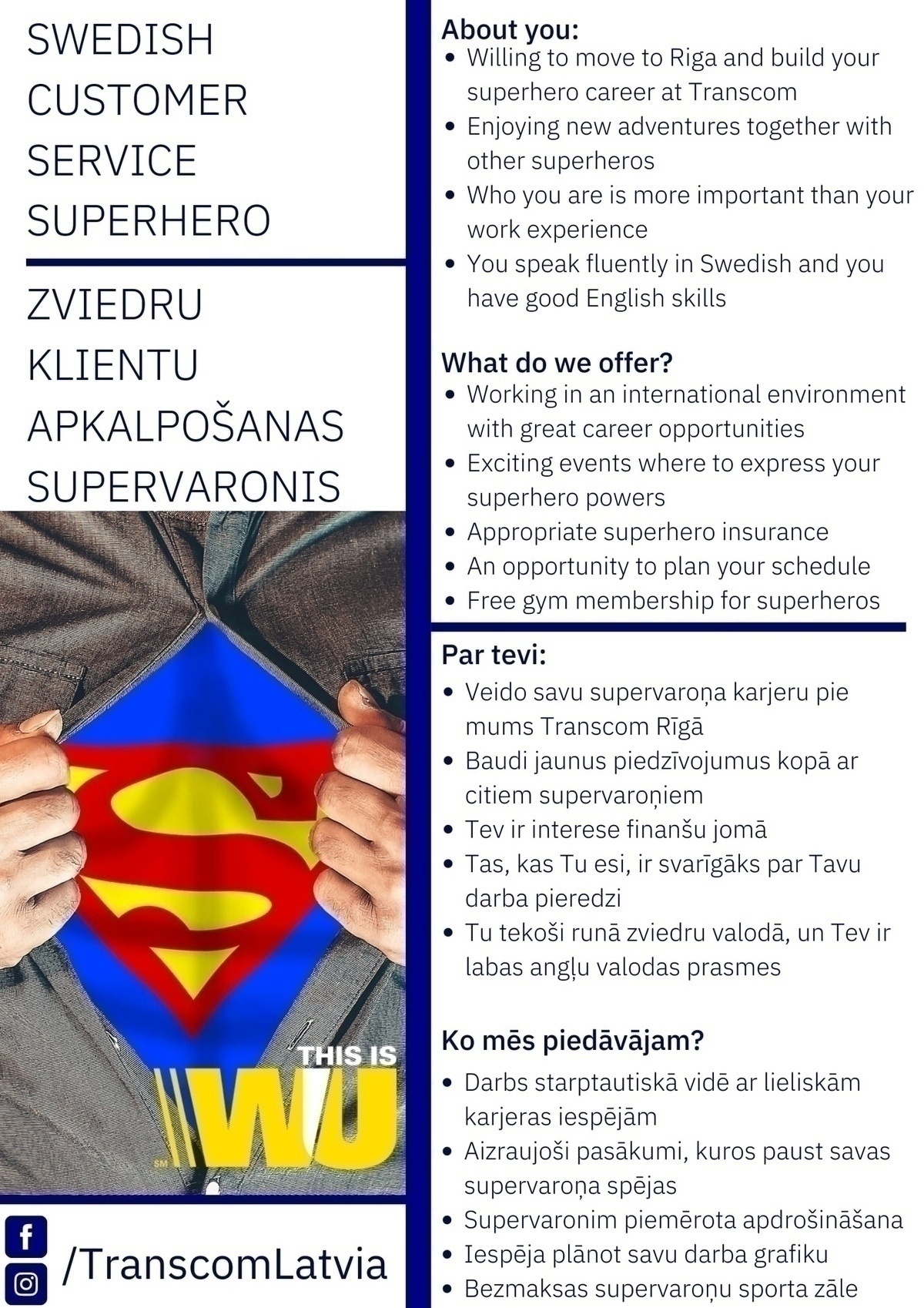 Transcom Worldwide Latvia, SIA Klientu konsultants (-e) ar zviedru valodas zināšanām