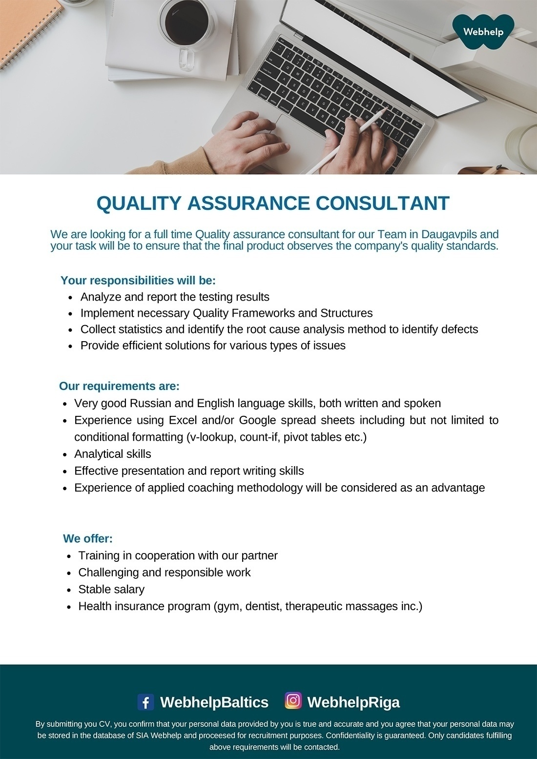Webhelp Latvia, SIA Quality Assurance Consultant