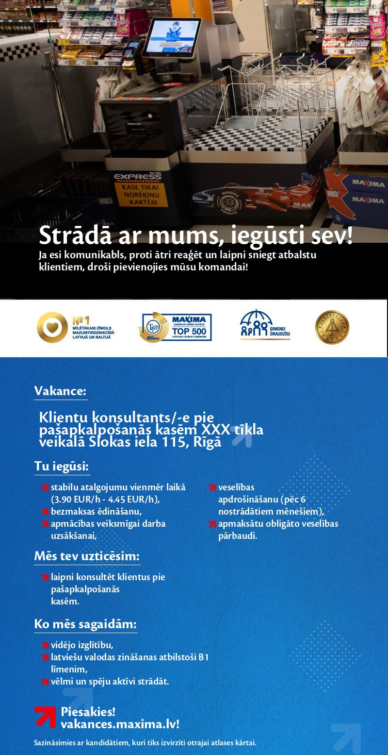 MAXIMA Latvija Klientu konsultants/-e pie pašapkalpošanās kasēm