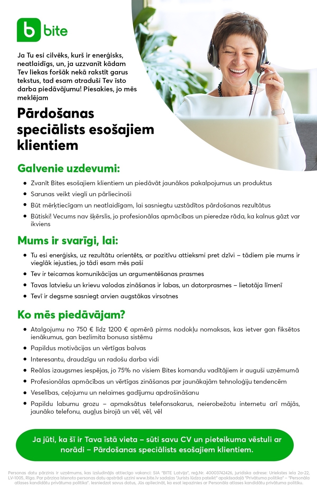 SIA Bite Latvija Pārdošanas speciālists/-e esošajiem klientiem