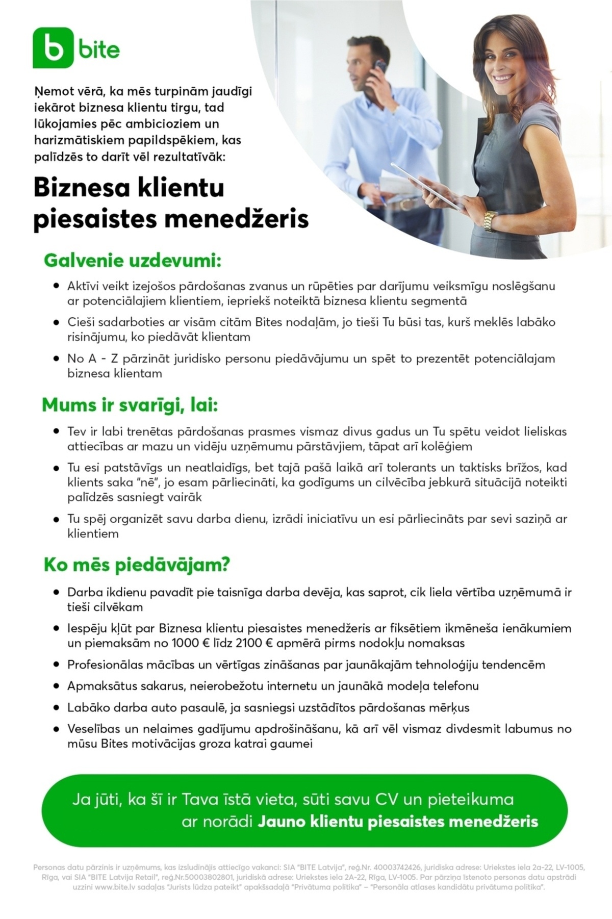 Bite Latvija, SIA Biznesa klientu piesaistes menedžeris/-e
