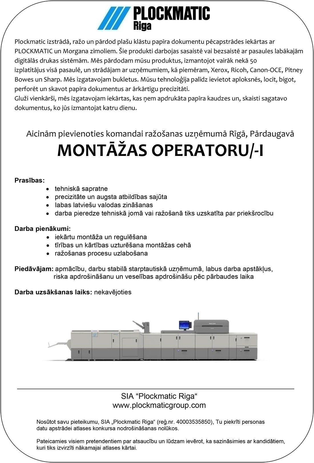 Plockmatic Riga, SIA Montāžas operators/-e