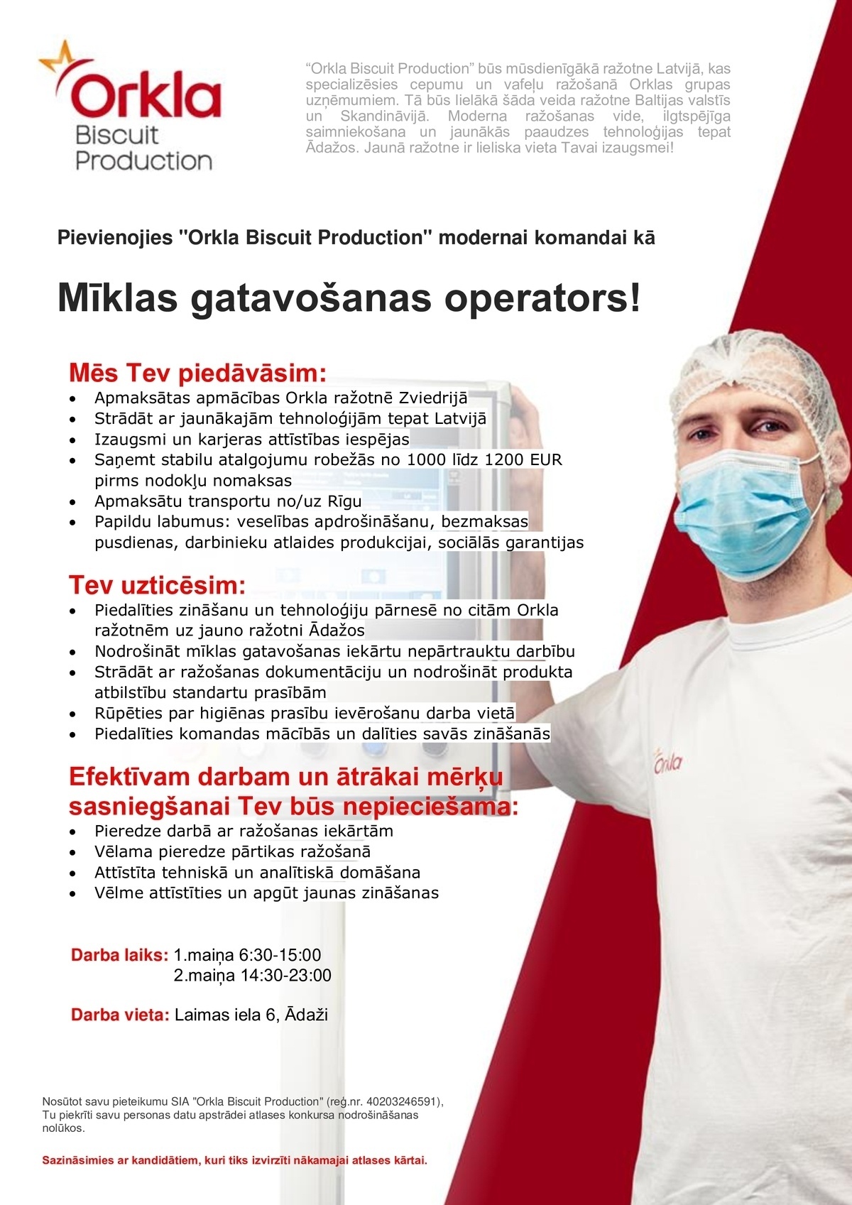 Orkla Biscuit Production, SIA Mīklas gatavošanas iekārtu operators/-e