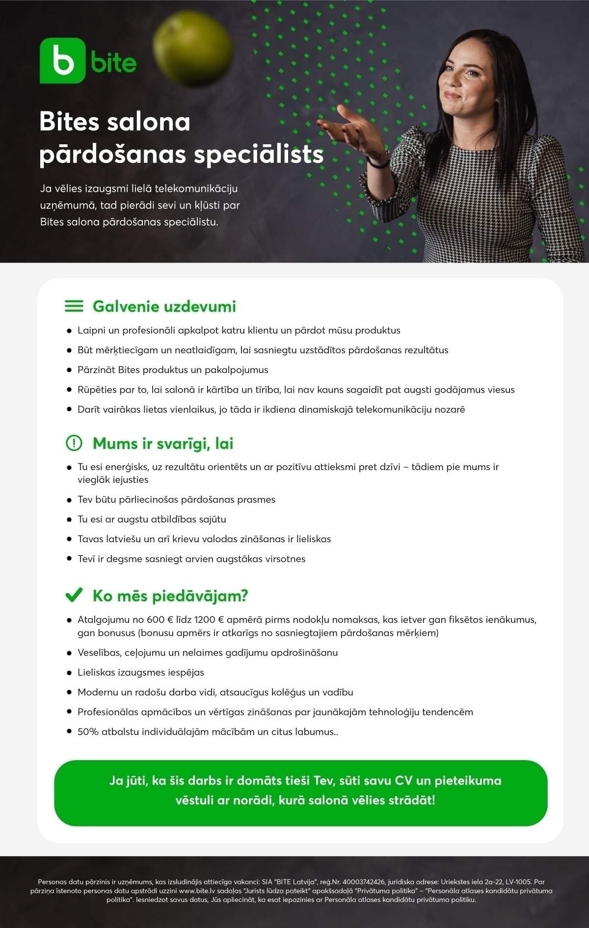 SIA Bite Latvija Bites salona pārdošanas speciālists/-e Saldū