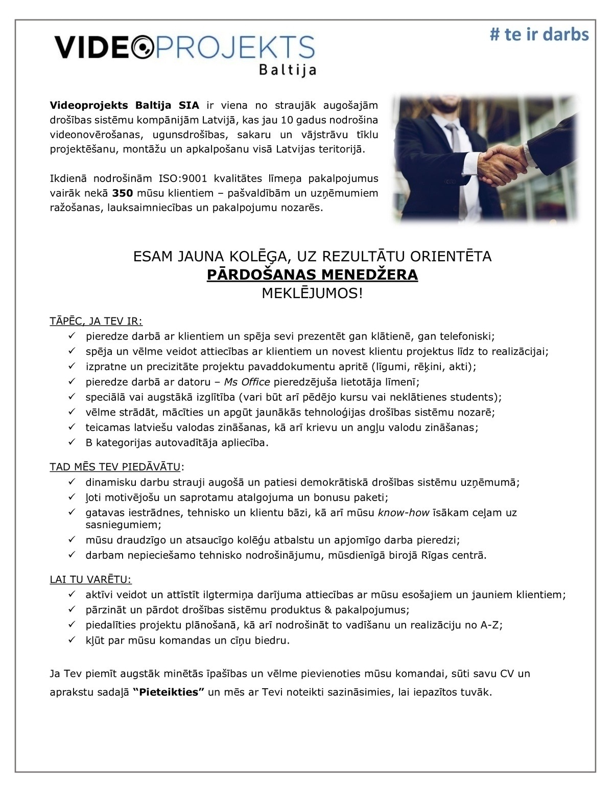 Videoprojekts Baltija, SIA Pārdošanas projektu vadītājs/-a