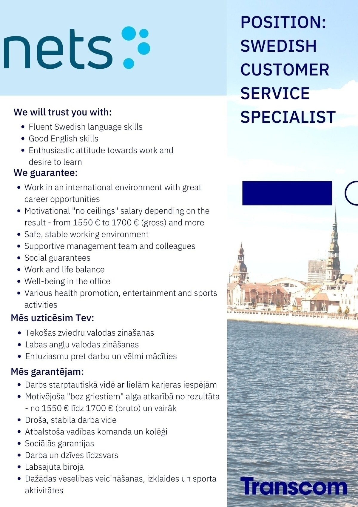 Transcom Worldwide Latvia, SIA Swedish customer service specialist