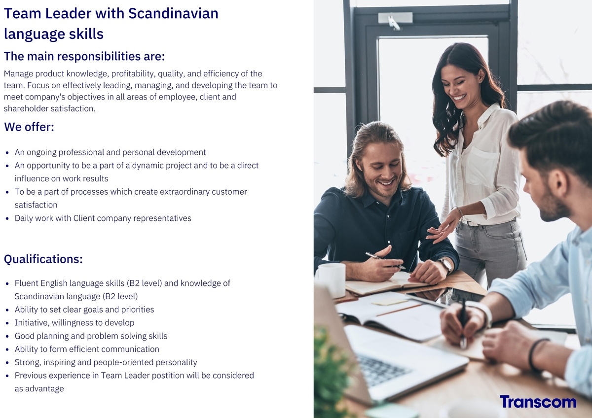 Transcom Worldwide Latvia, SIA Team manager with Scandinavian language skills