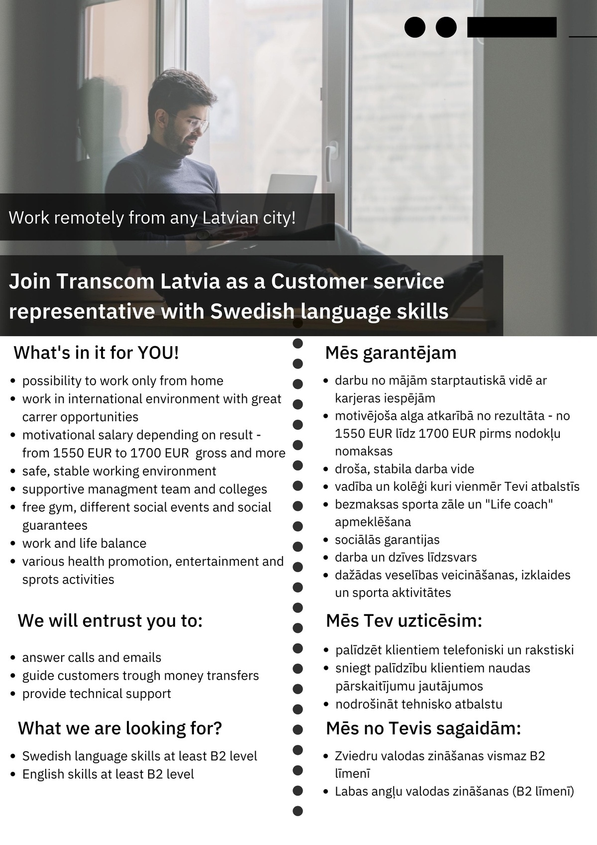 Transcom Worldwide Latvia, SIA Customer service specialist with Swedish language skills (work from home)