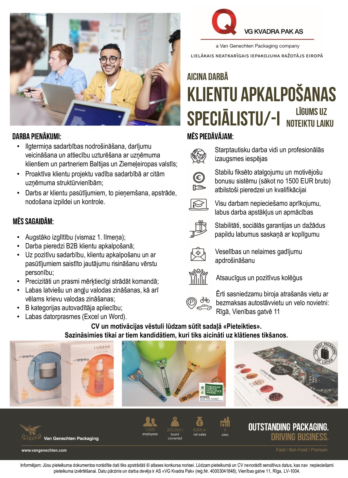 VG KVADRA PAK, AS Klientu apkalpošanas speciālists/-e