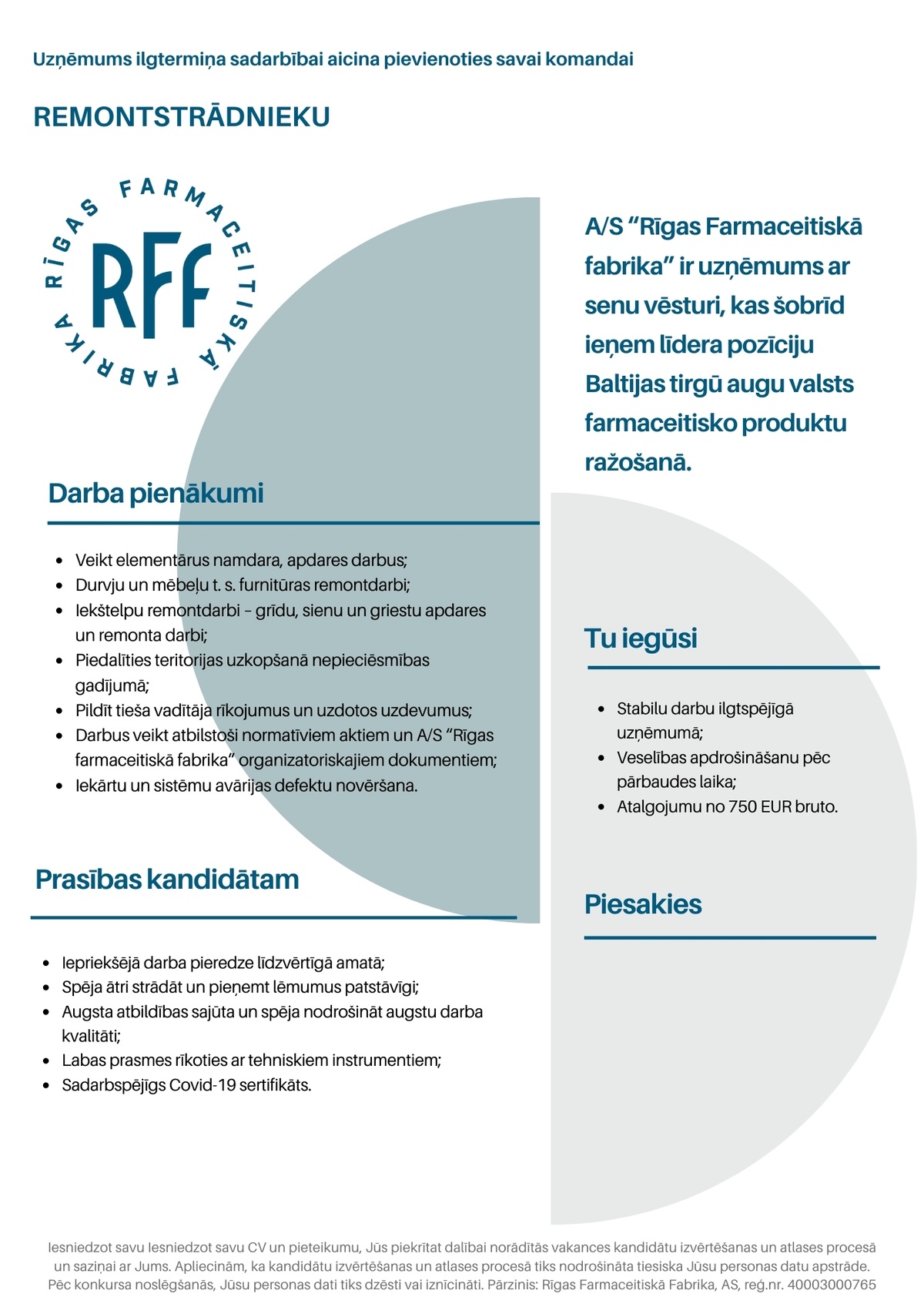 Rīgas Farmaceitiskā fabrika, AS Remontstrādnieks/-ce