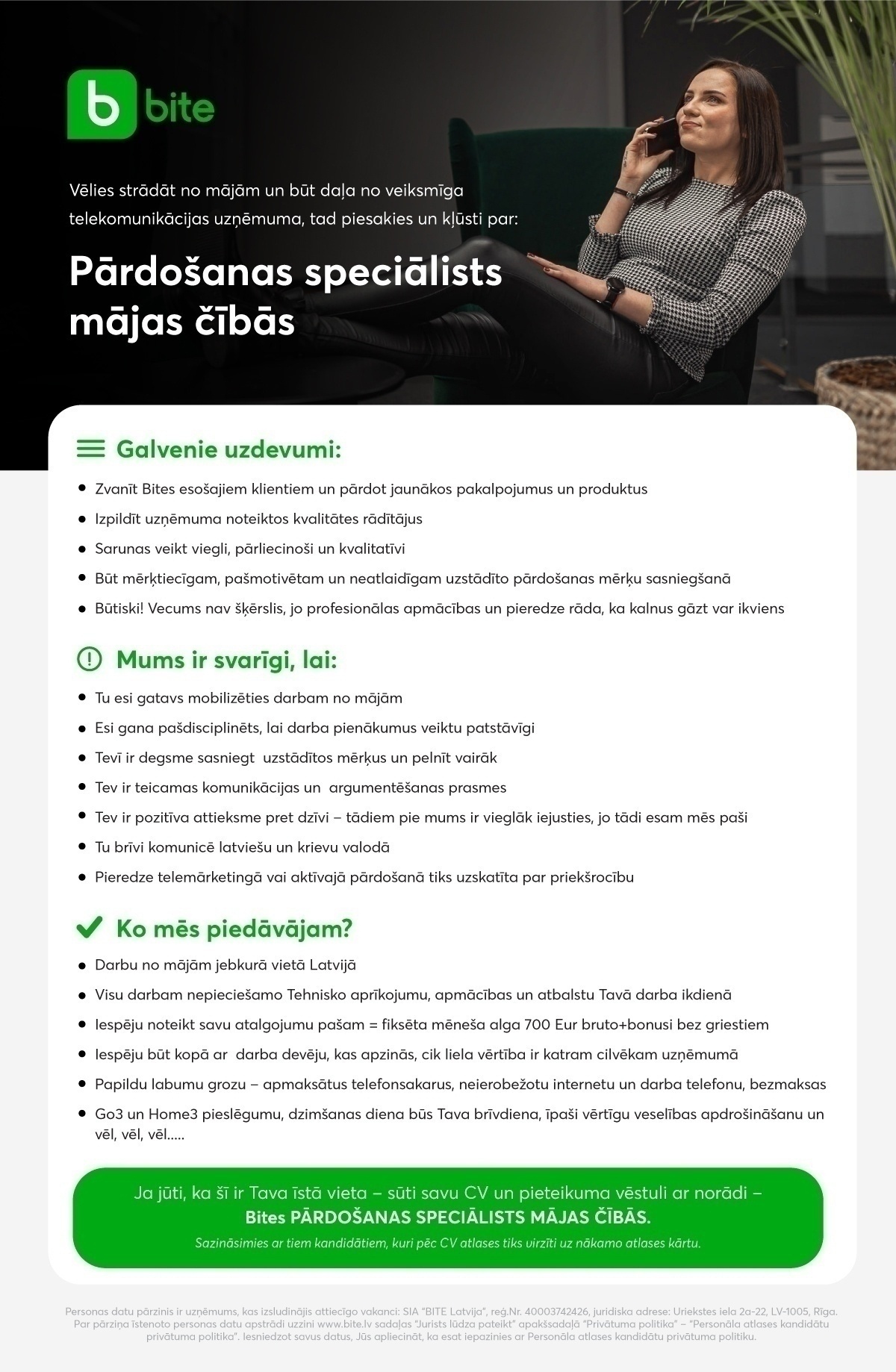 SIA Bite Latvija Pārdošanas speciālists/-e mājas čībās