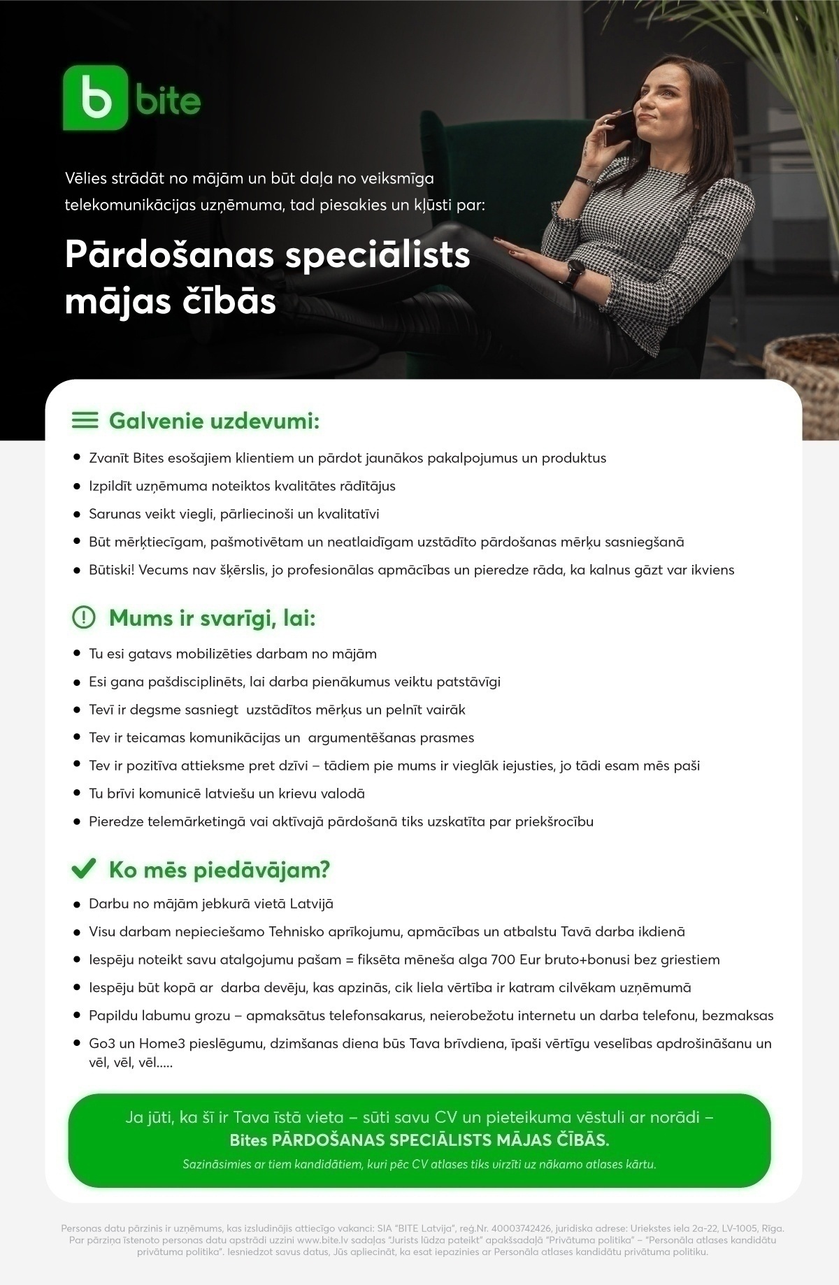 SIA Bite Latvija Pārdošanas speciālists/-e mājas čībās