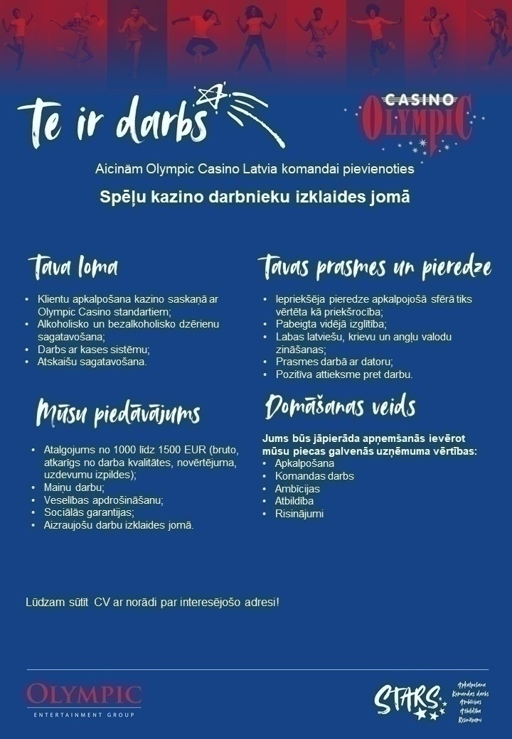 Olympic Casino Latvia, SIA Kazino darbinieks/-ce "Olympic Casino" Rīgā, Gaiļezera ielā