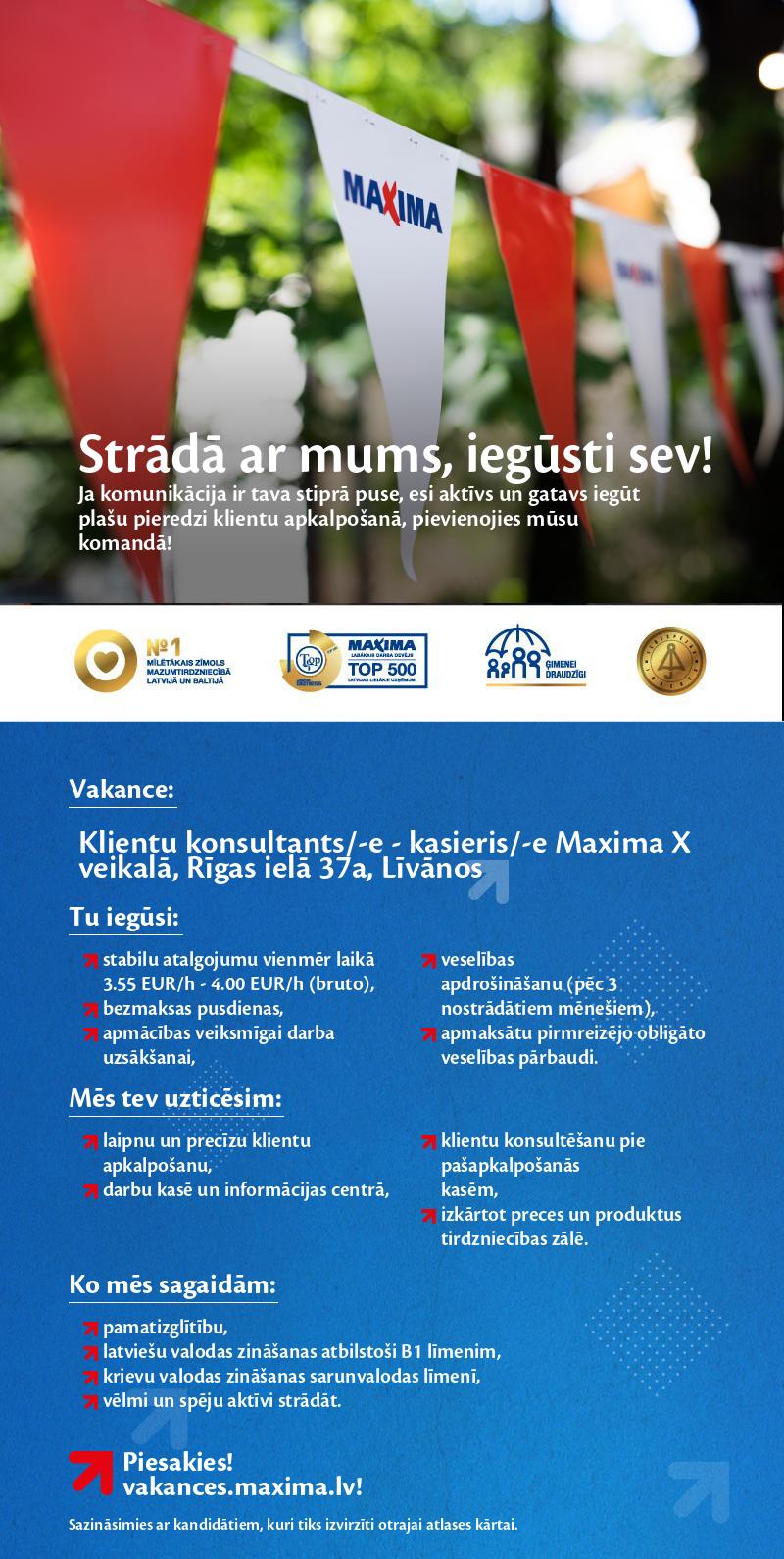 MAXIMA Latvija Klientu konsultants/-e - kasieris/-e