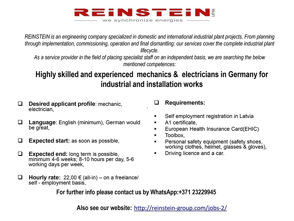 Reinstein, SIA Electrician (urgent)