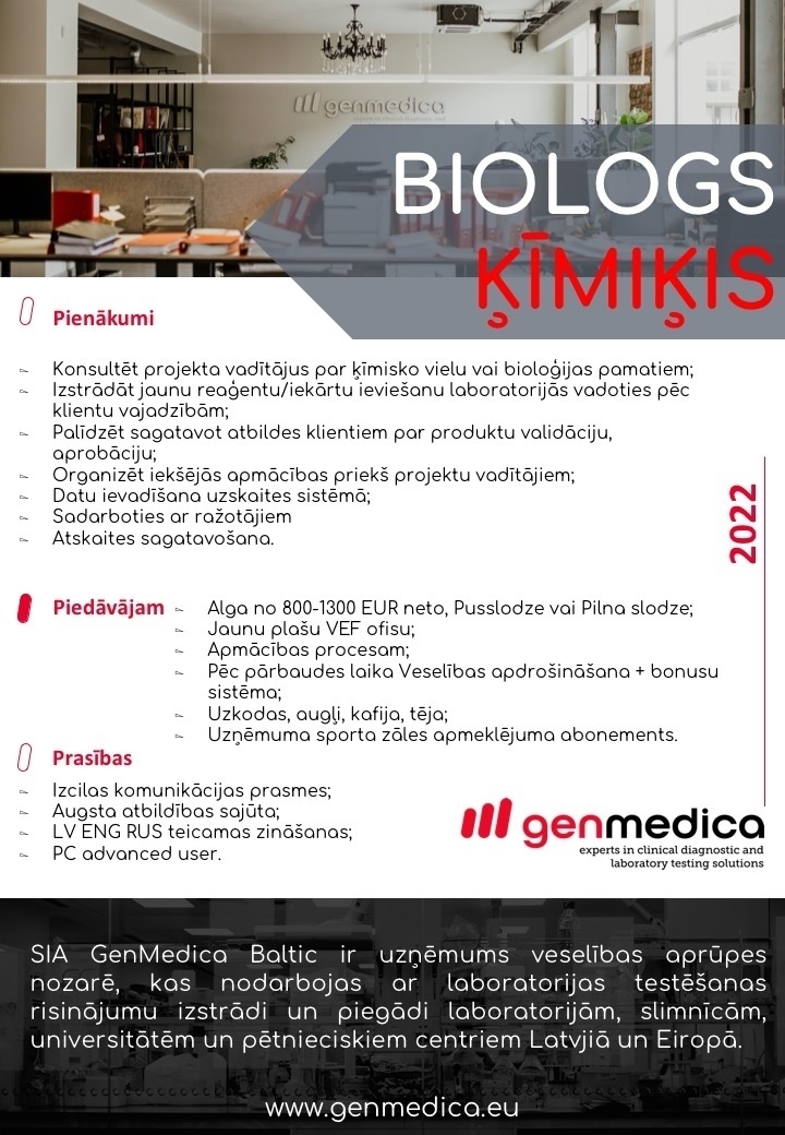 GenMedica Baltic, SIA Biologs/-e - ķīmiķis/-e
