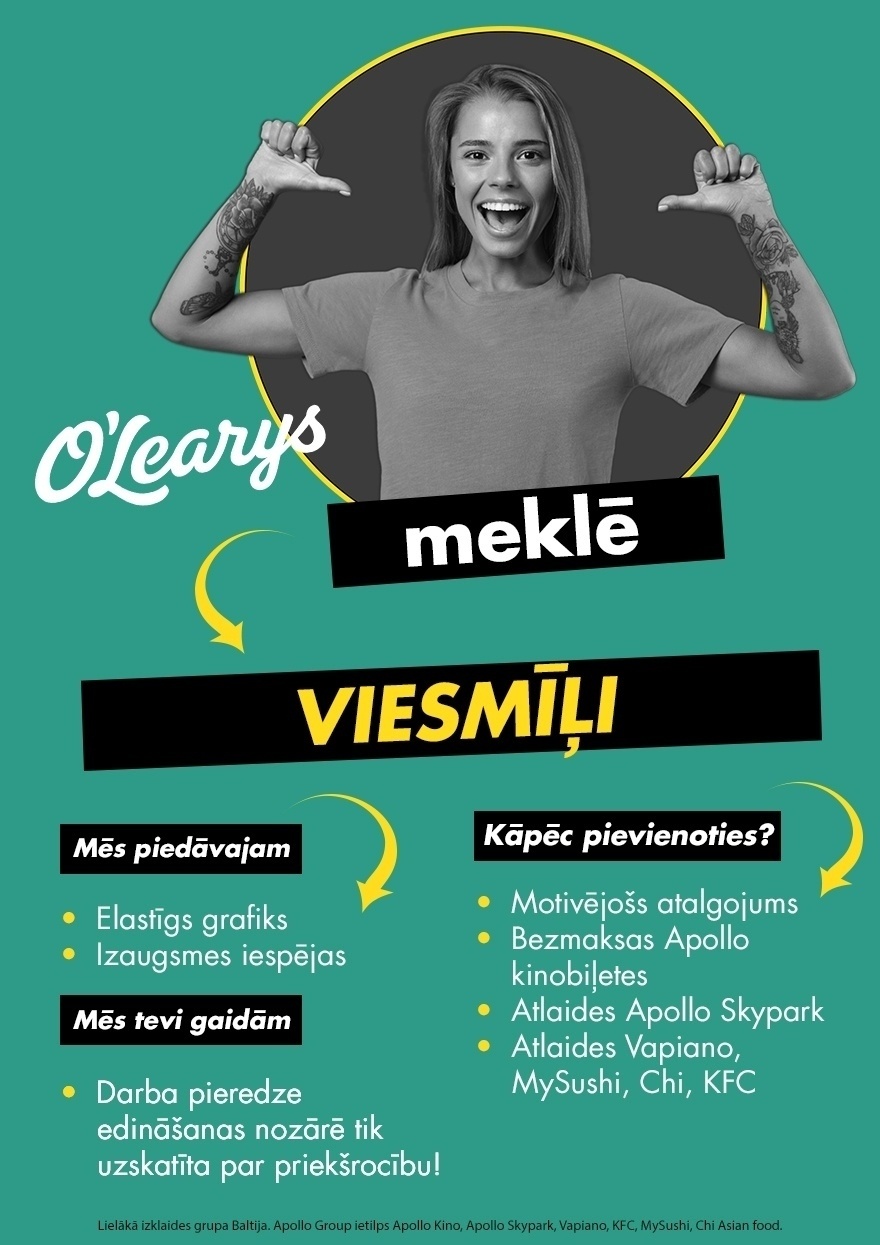 CV Market client O`LEARYS (TC "Riga Paza") Viesmīlis/-e (pusslodze)