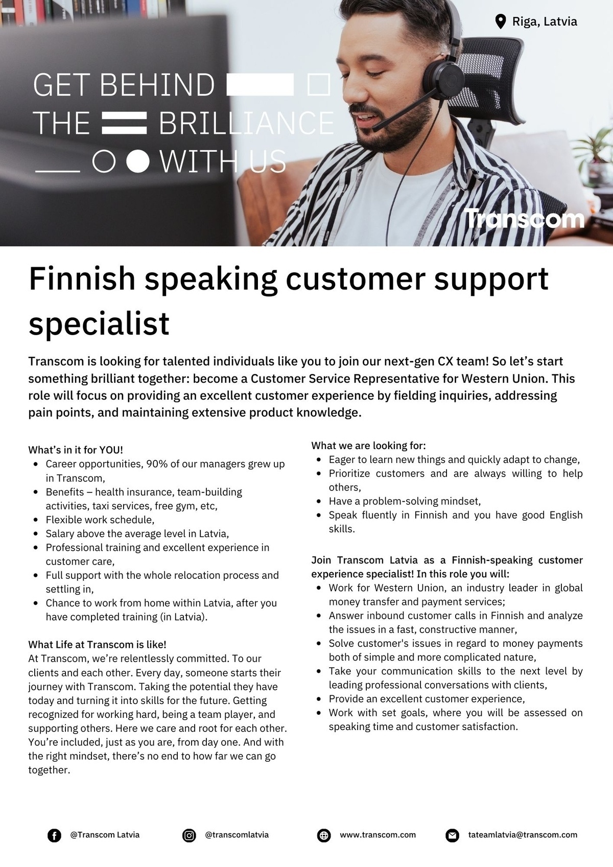 Transcom Worldwide Latvia, SIA Finnish customer service representative / Klientu konsultants(-e) ar somu valodas zināšanām