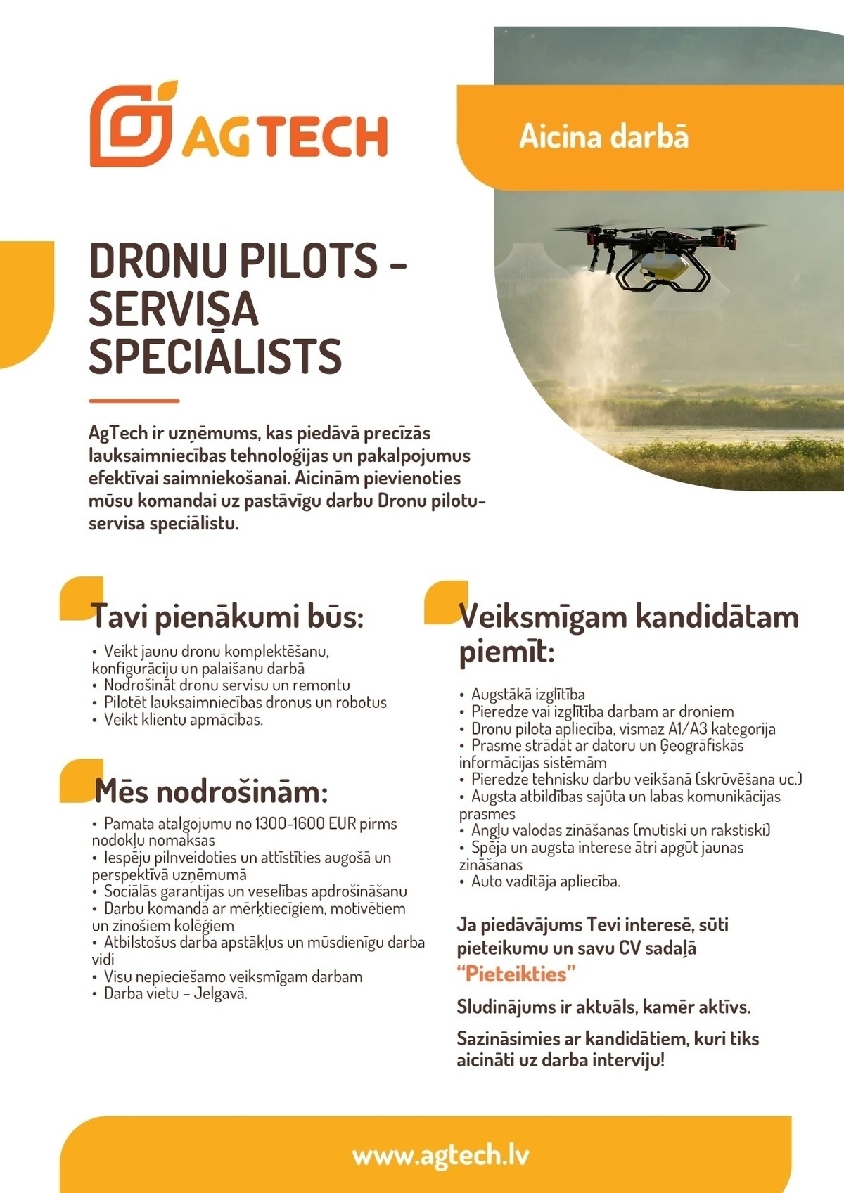 AgTech, SIA Dronu pilotu - servisa speciālists/-e