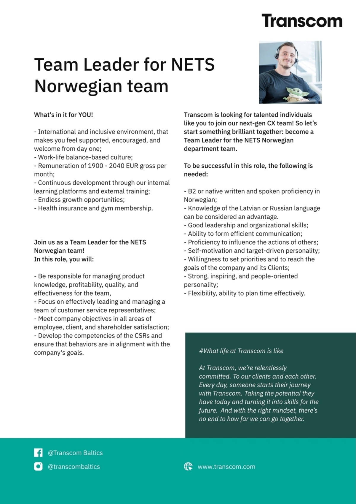 Transcom Worldwide Latvia, SIA Norwegian Team Leader for NETS company