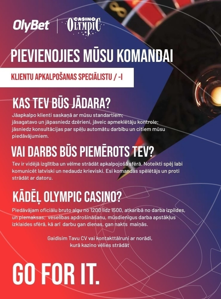 CVMarket.lv klients Klientu apkalpošanas speciālists/-e "Olympic Casino" Rīgā, Melnsila ielā 14