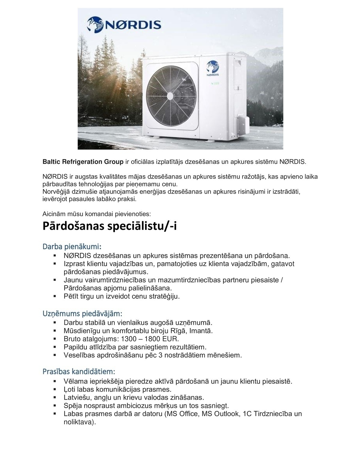 Baltic Refrigeration Group, SIA Pārdošanas speciālists/-e
