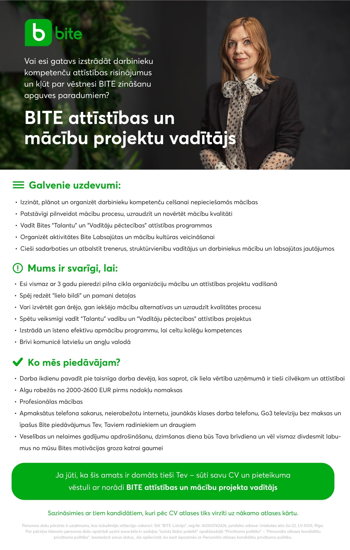 Bite Latvija, SIA "BITE" attīstības un mācību projektu vadītājs/-a