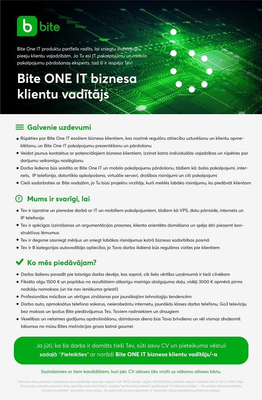 Bite Latvija, SIA BiteONE IT biznesa klientu vadītājs/-a