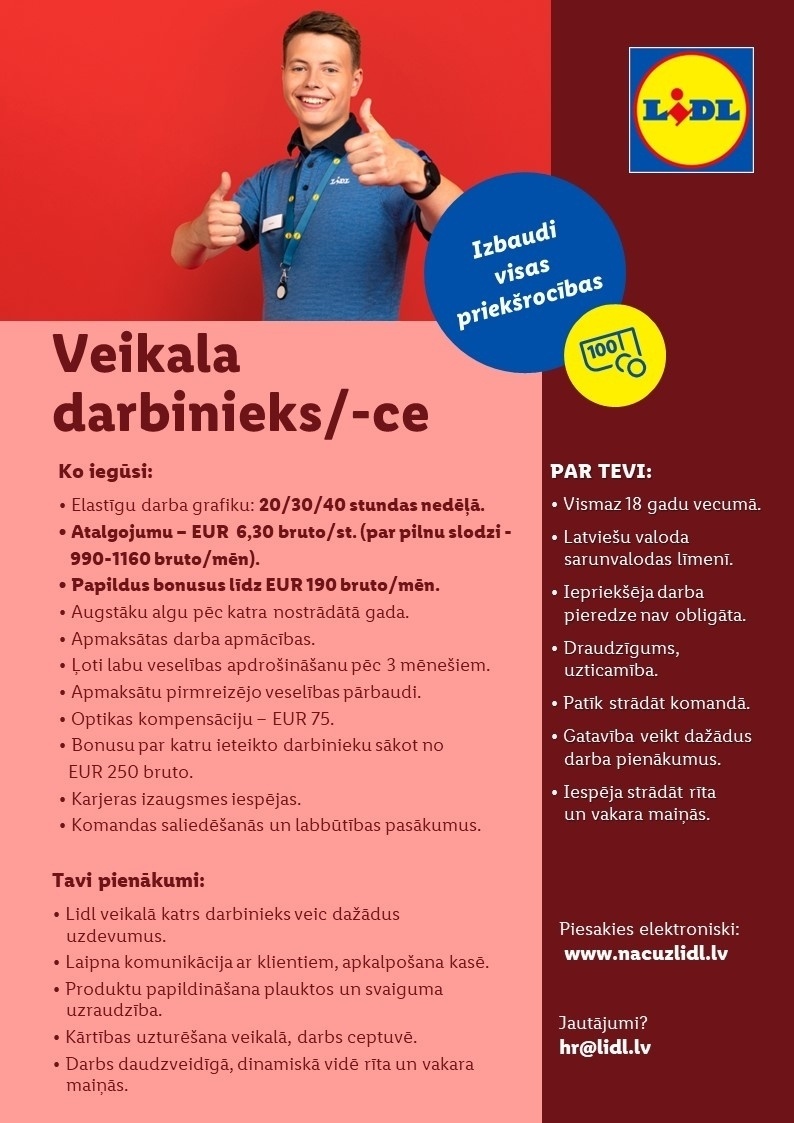 Lidl Latvija, SIA Veikala darbinieks/ -ce Sporta ielā, Rīgā (Bez iepriekšējas pieredzes)