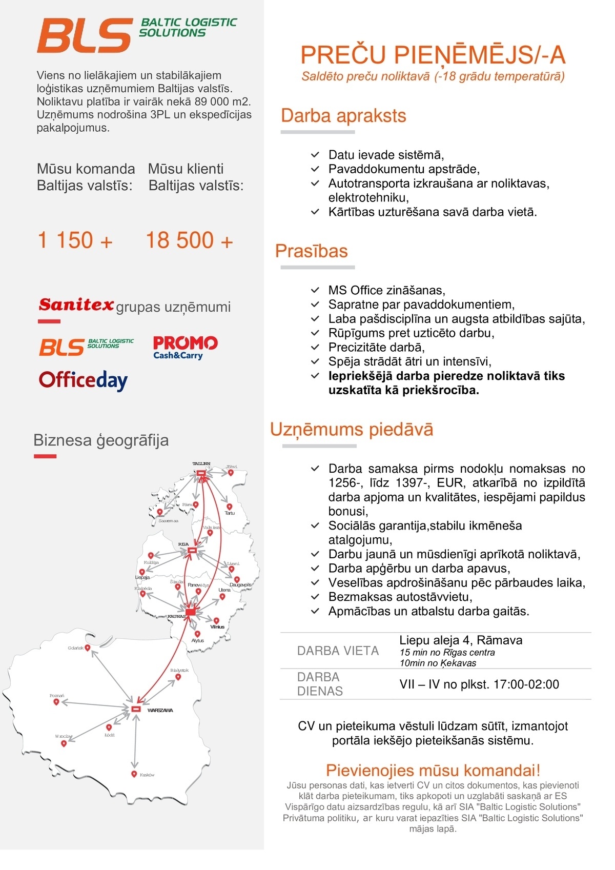 Baltic Logistic Solutions, SIA Preču pieņēmējs/-a saldēto preču noliktavā (-18° C)