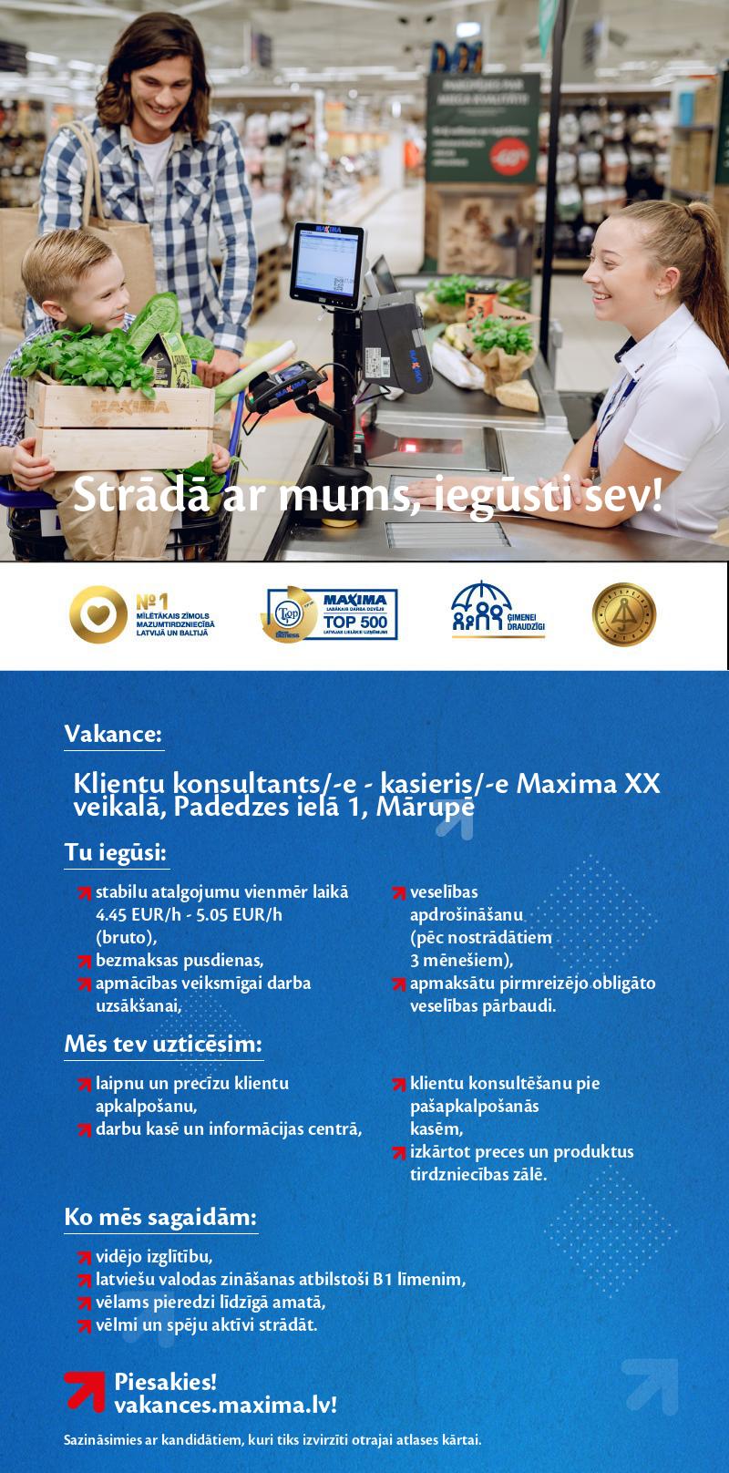 MAXIMA Latvija Klientu konsultants/-e - kasieris/-e