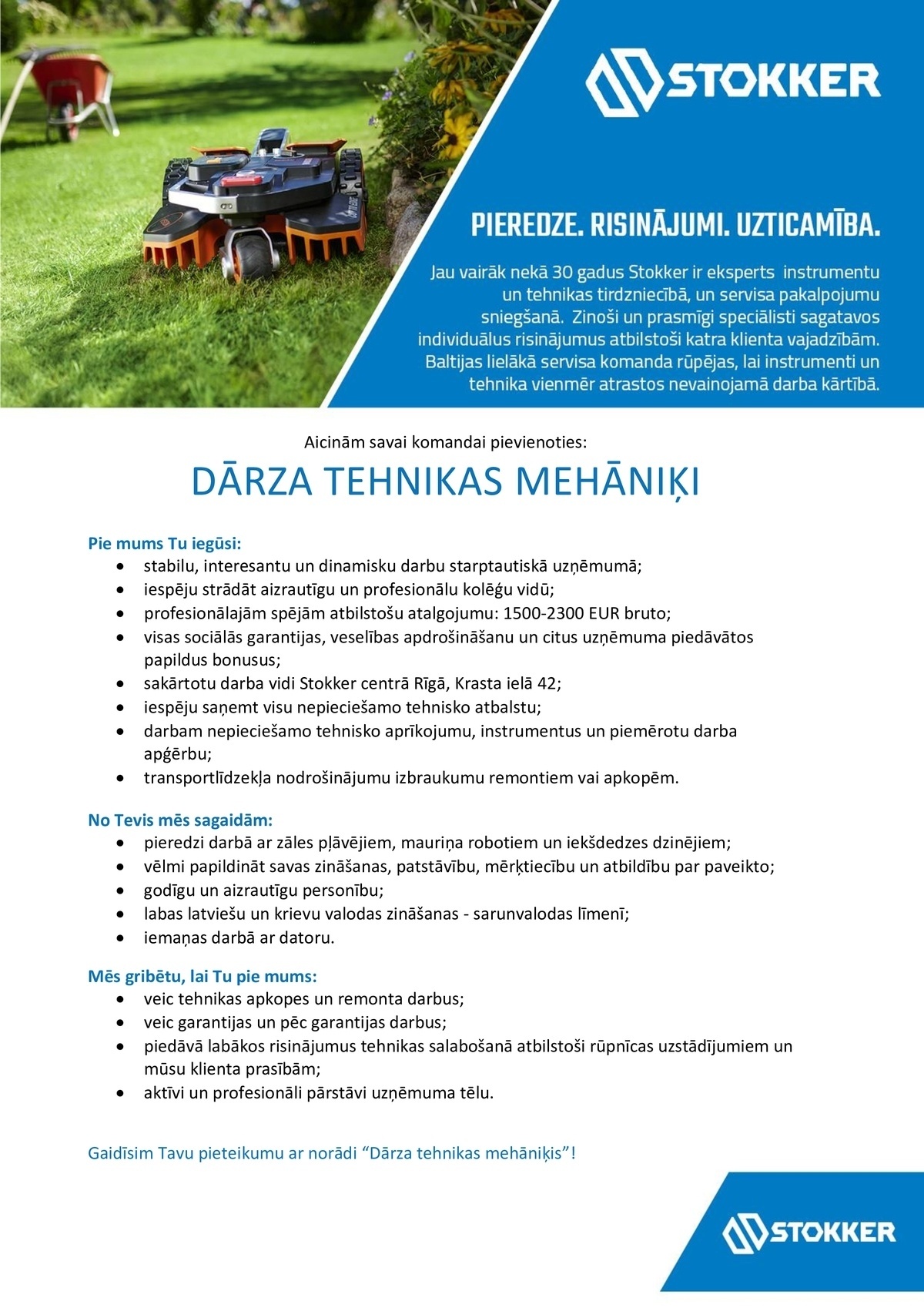 Stokker, SIA Dārza tehnikas mehāniķis/-e Rīgā