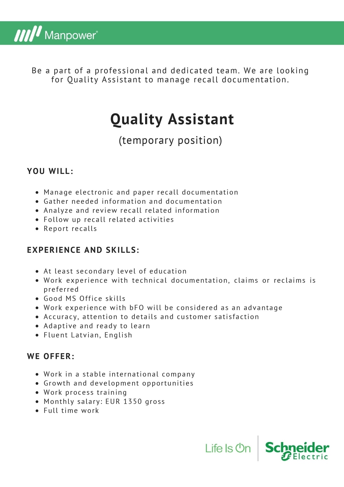 Manpower Lit, AKF Quality Assistant (temporary position)