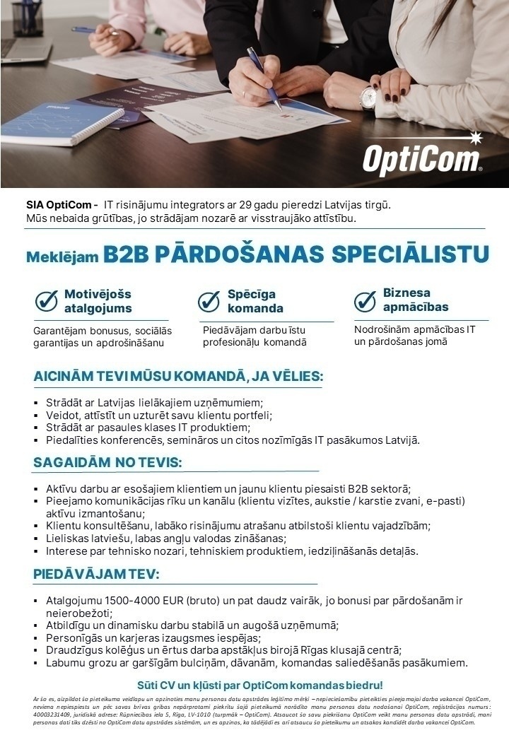 OptiCom, SIA B2B pārdošanas speciālists/-e