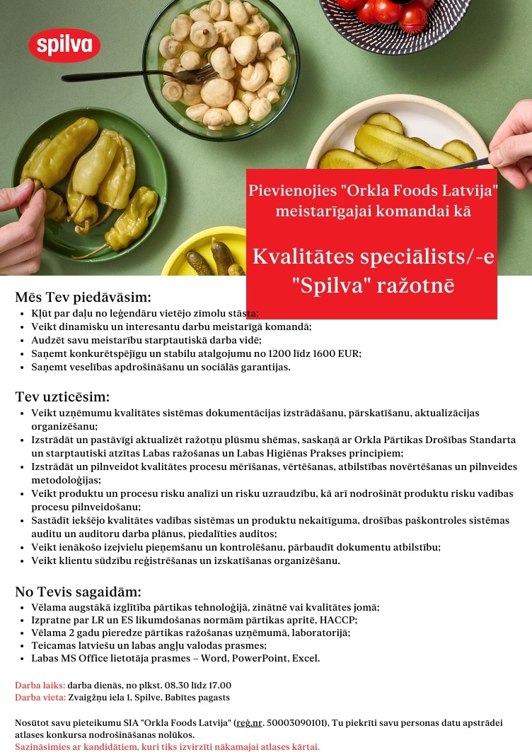 SIA Orkla Food Latvija Kvalitātes speciālists/-e