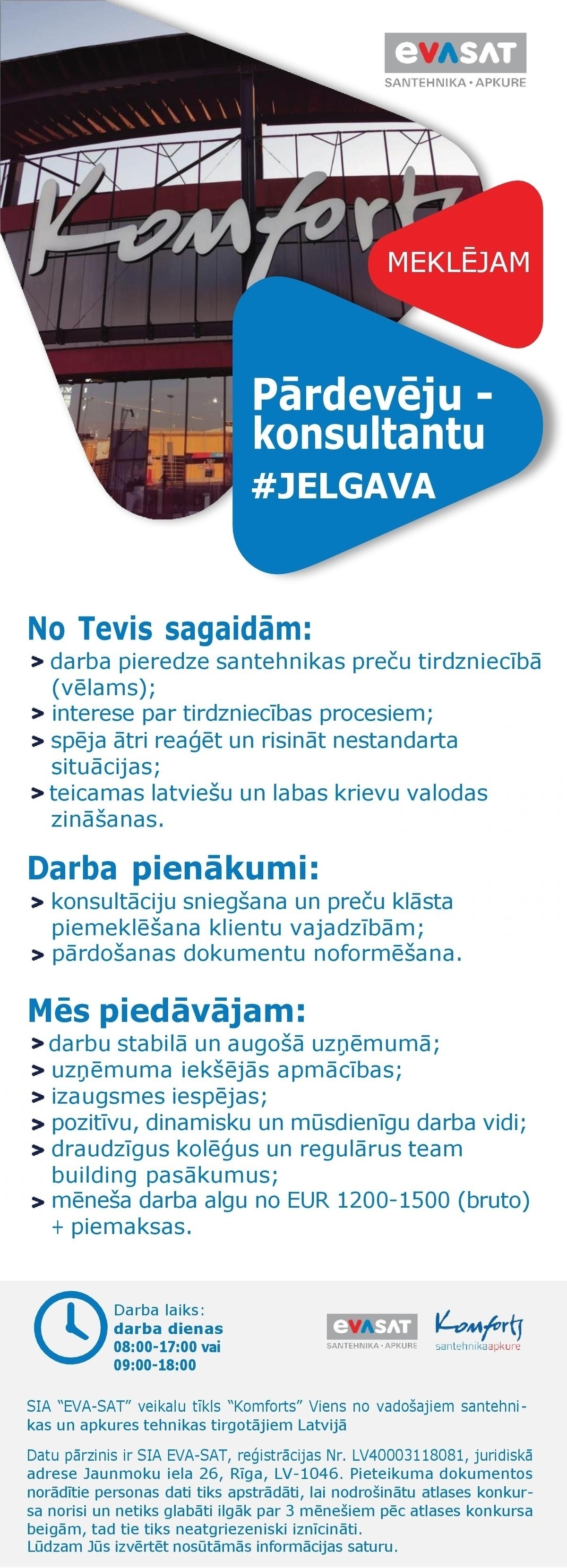EVA-SAT, SIA Pārdevējs/a - Konsultants/e Jelgavā