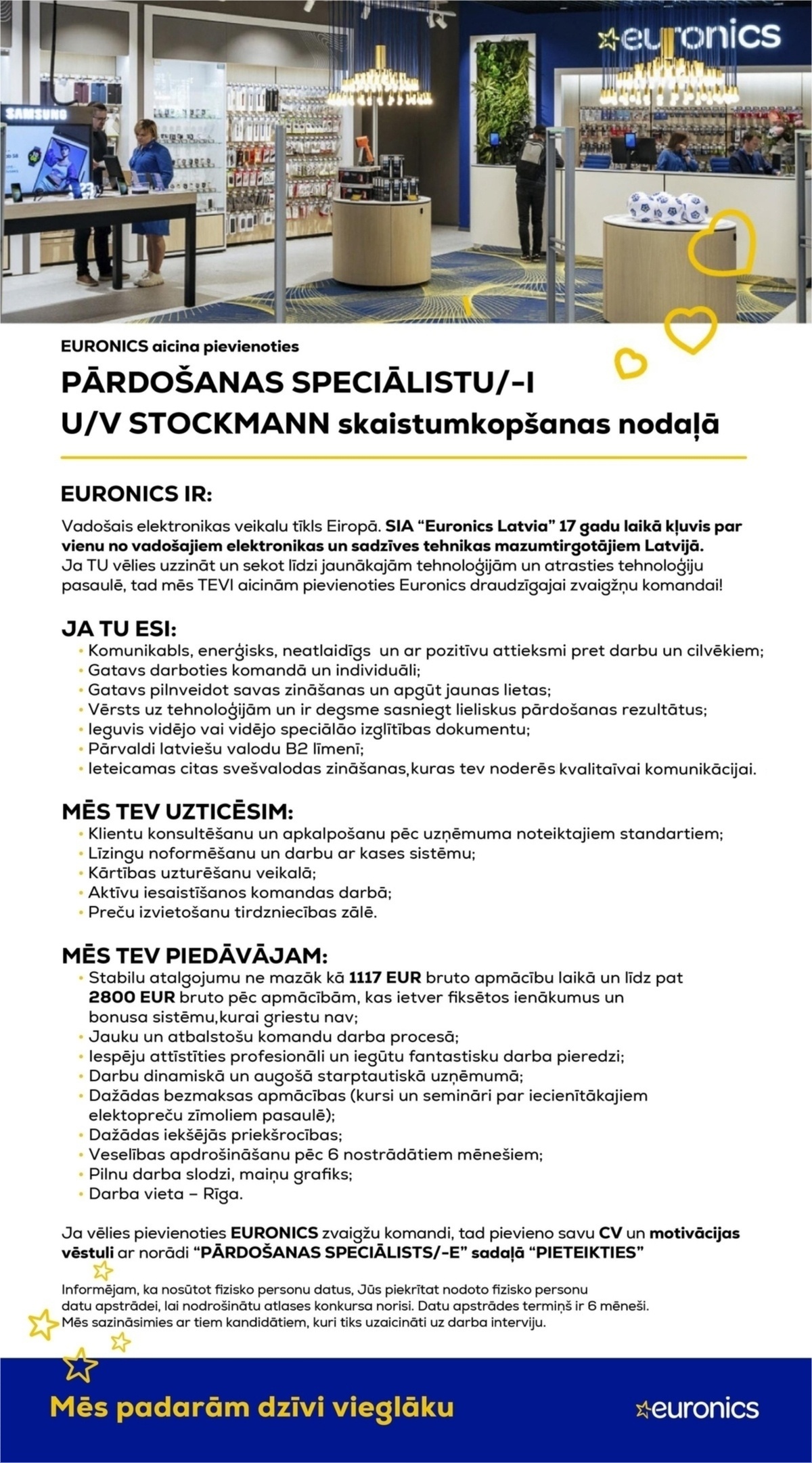 Euronics Latvia, SIA Pārdošanas speciālists/-e U/V STOCKMANN (skaistumkopšanas nodaļa)