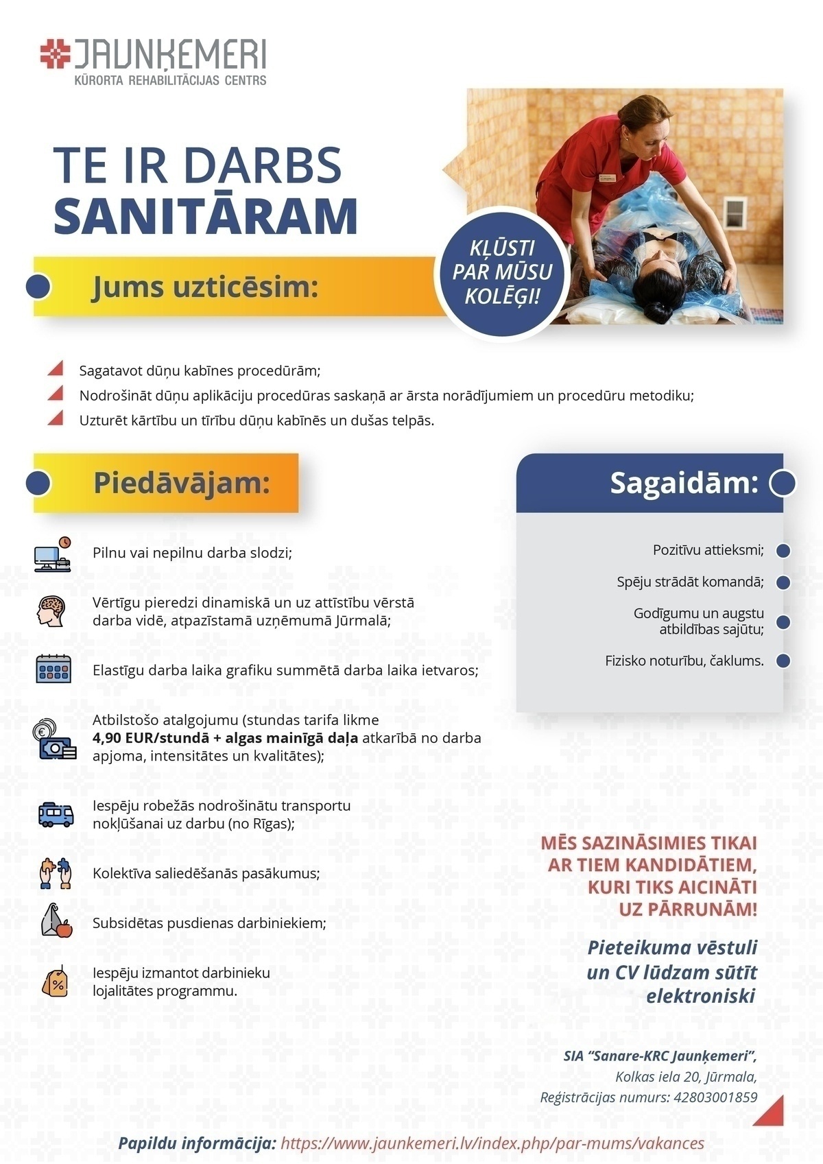 SANARE-KRC JAUNĶEMERI, SIA Sanitārs/-e (dūņu - ūdens dziedniecības nodaļā)