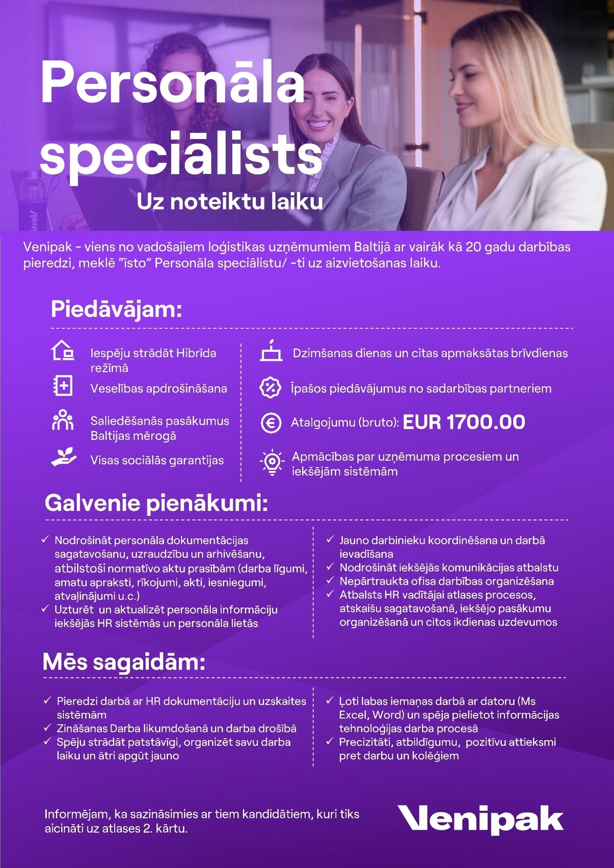 VENIPAK LATVIJA, SIA Personāla speciālists/-e