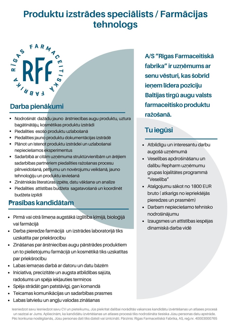 AS Rīgas Farmaceitiskā fabrika Produktu izstrādes speciālists/-e