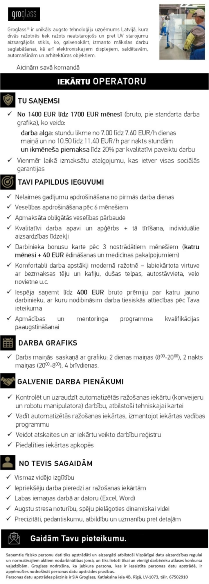 GroGlass, SIA Iekārtu operators/-e