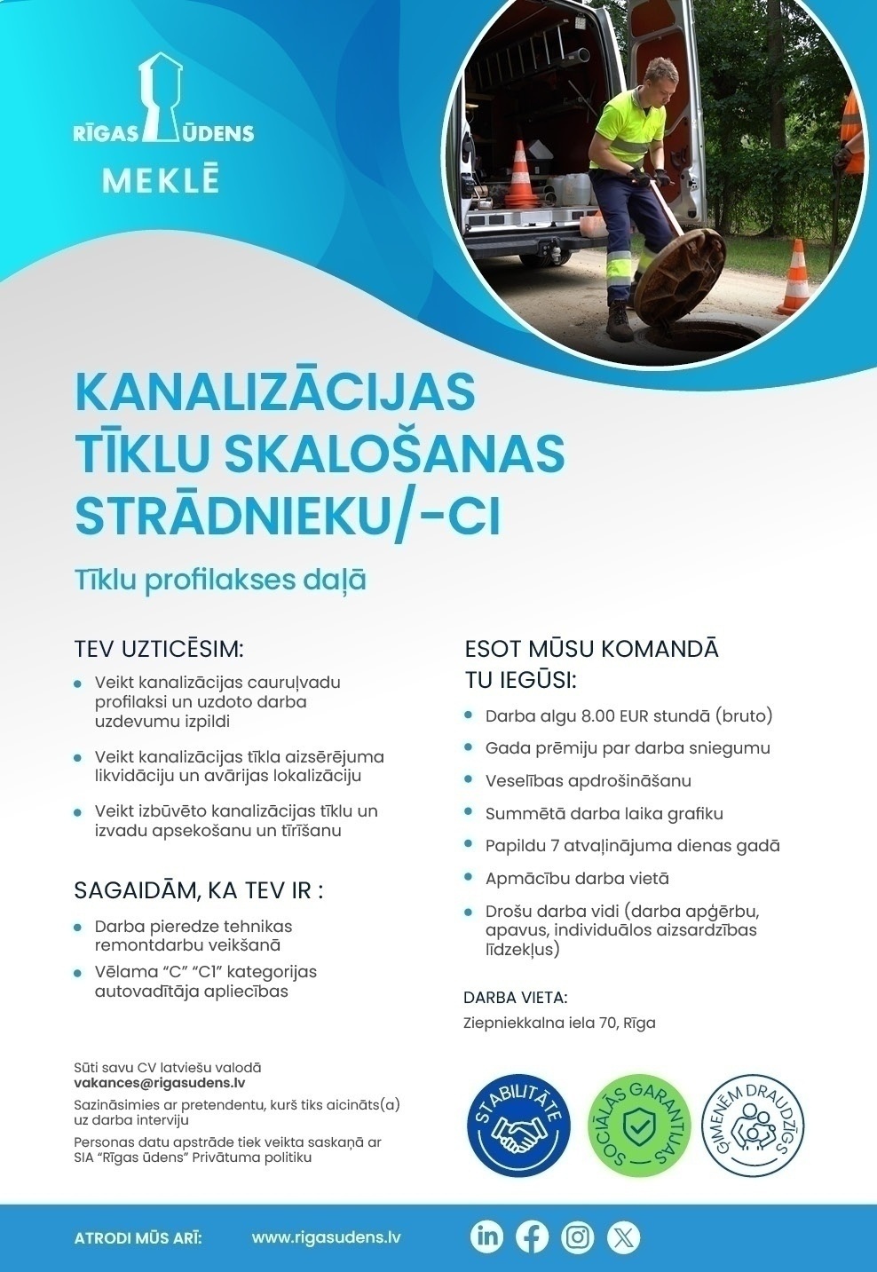 Rīgas ūdens, SIA Kanalizācijas tīklu skalošanas strādnieks/-ce