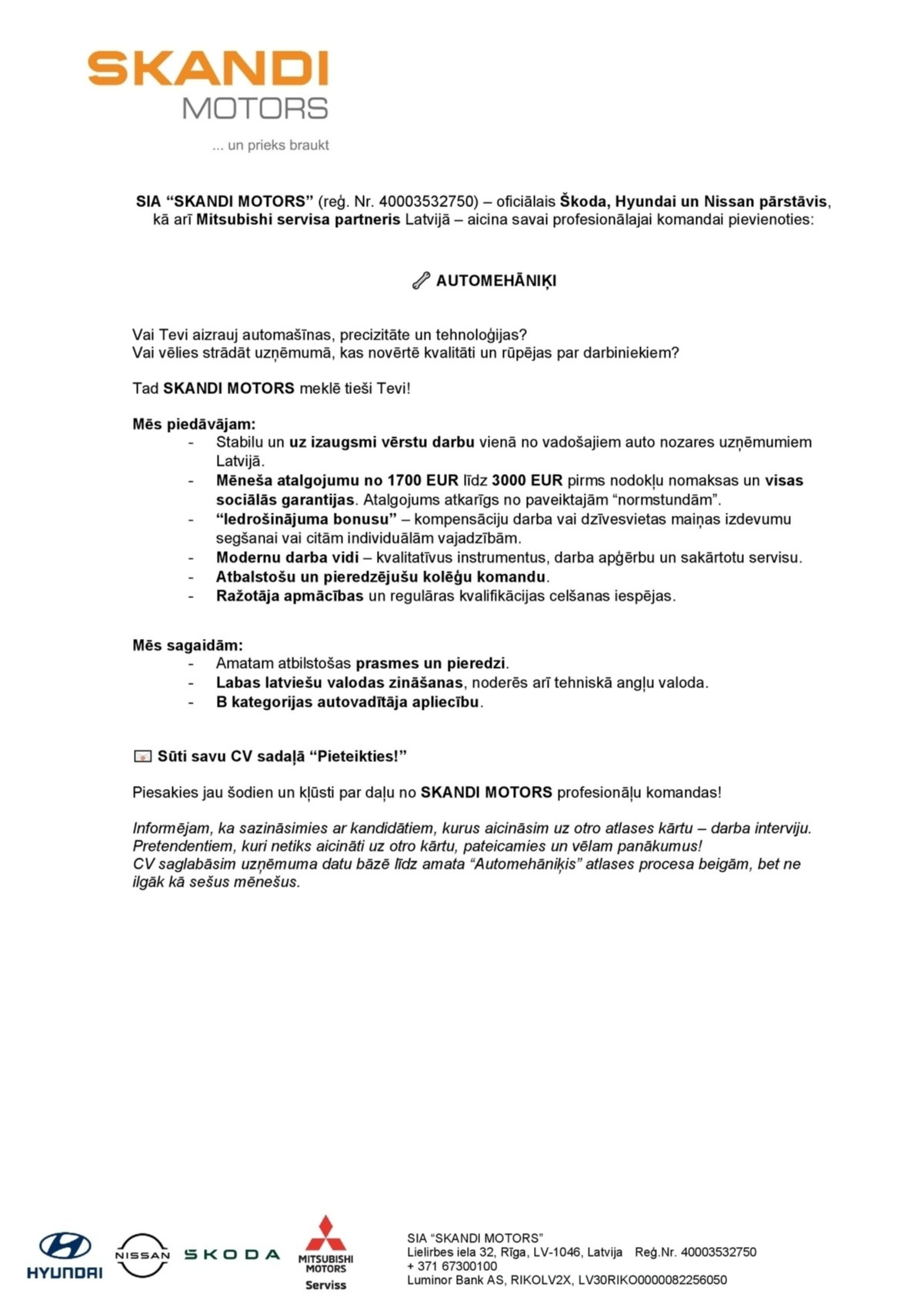 SKANDI MOTORS, SIA Automehāniķis/-e