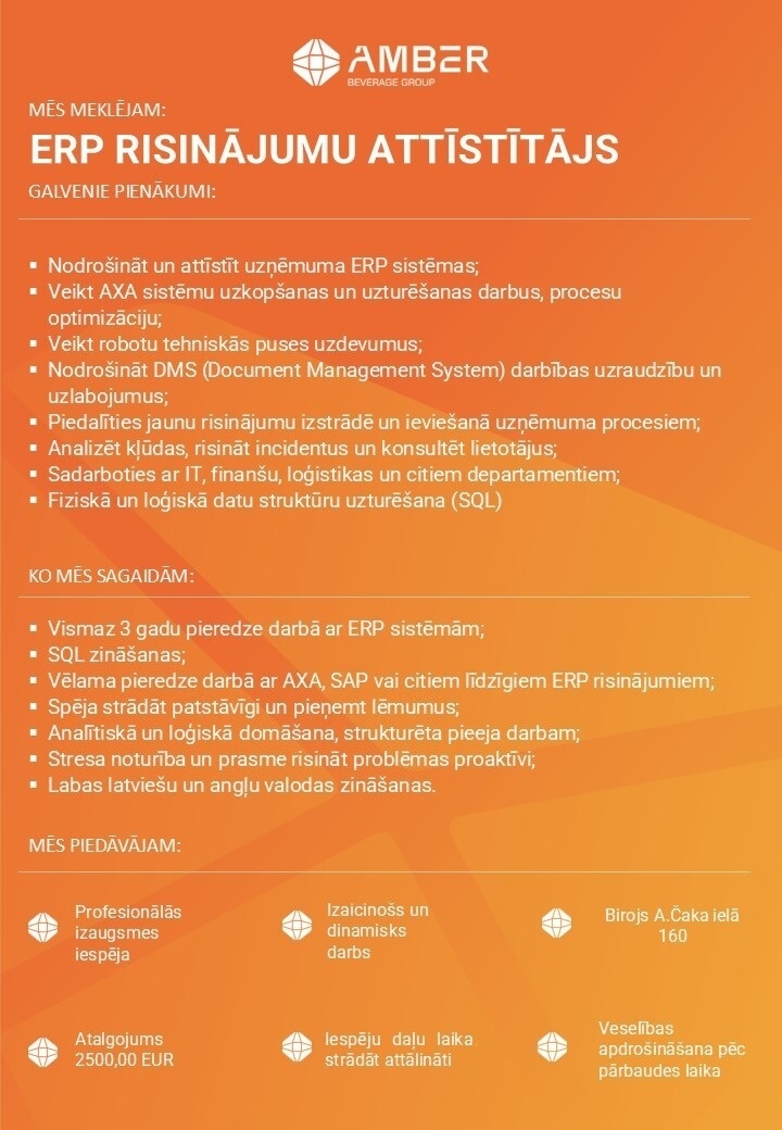 AMBER BEVERAGE GROUP, SIA ERP risinājumu attīstītājs/-a