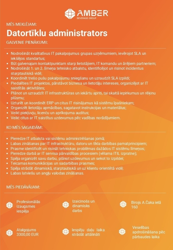 AMBER BEVERAGE GROUP, SIA Datortīklu administrators/-e