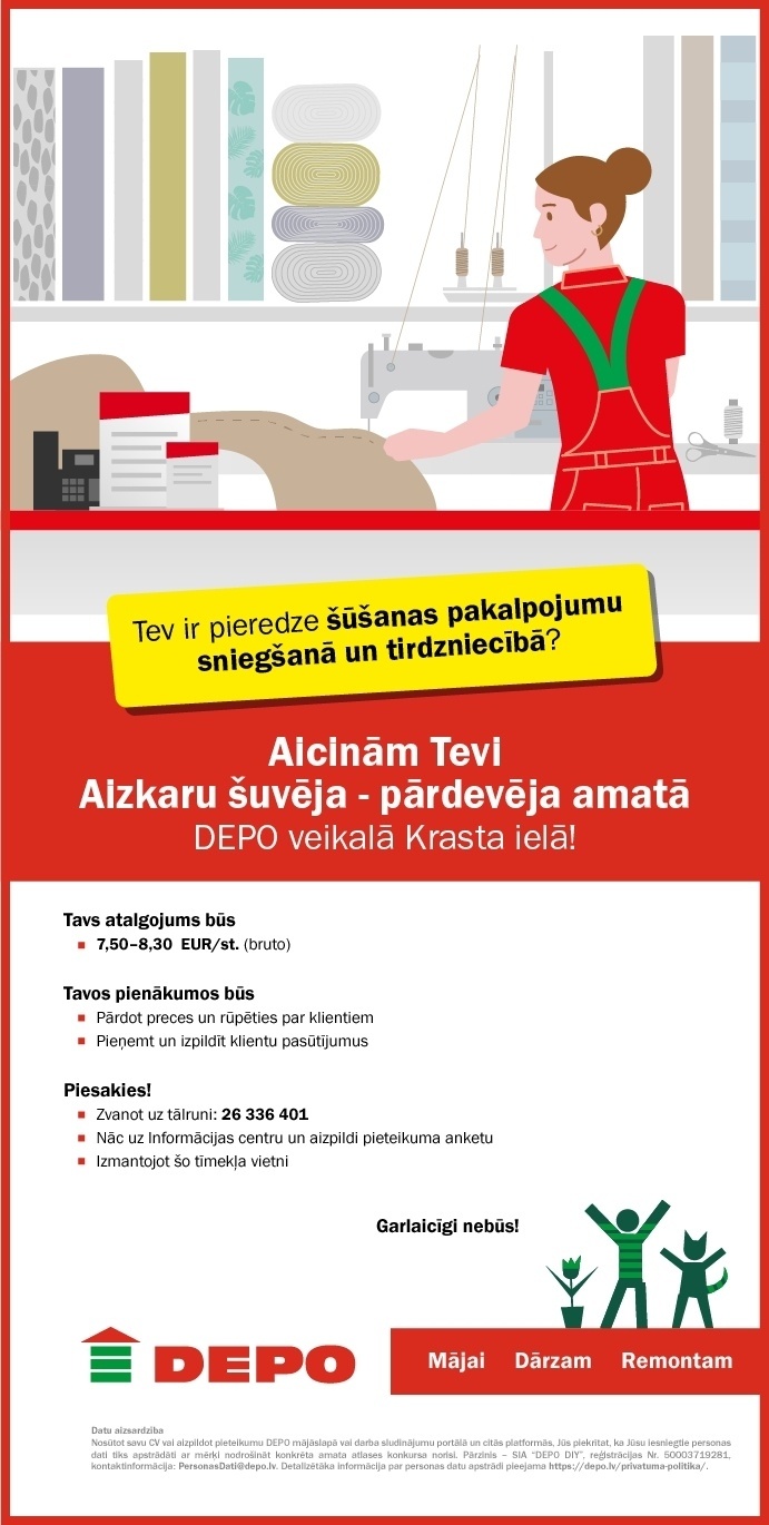 DEPO DIY, SIA Aizkaru šuvējs/-a - pārdevējs/-a Krasta ielā